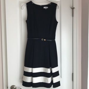 Calvin Klein black and white belted dress